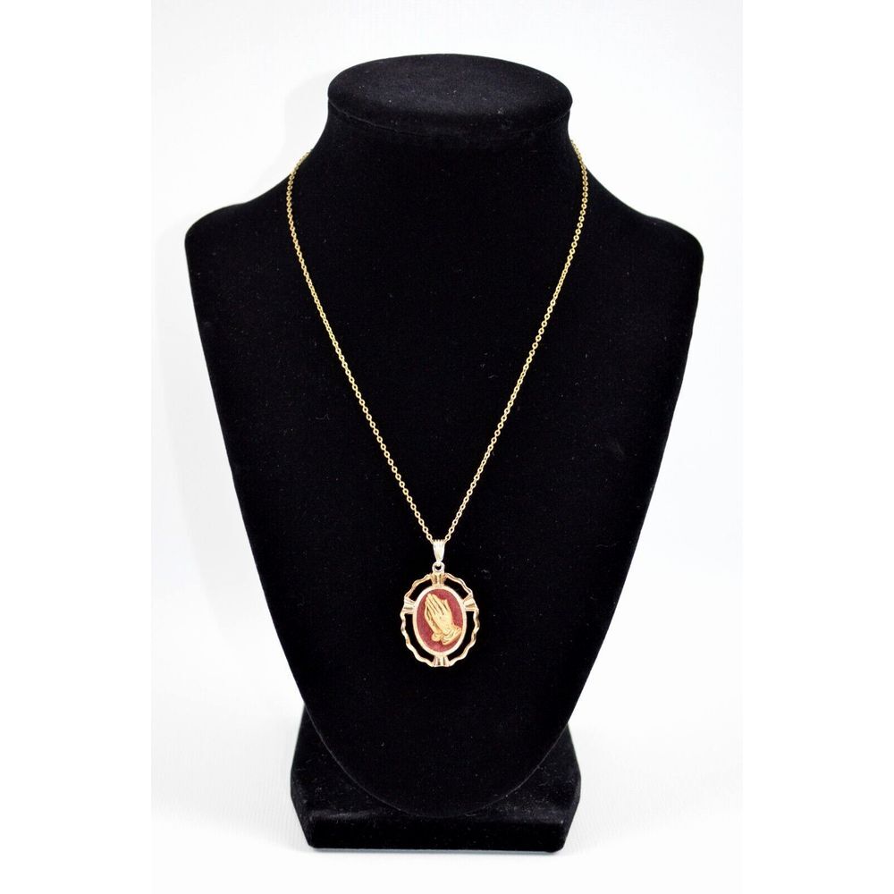 Vintage Praying Hands Oval Gold Tone Necklace 1" x 1.25"